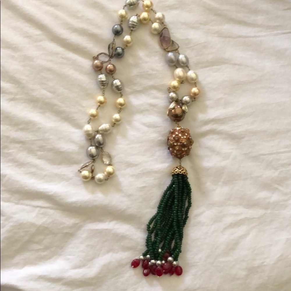 Pearl and crystal tassel necklace emeralds/rubies